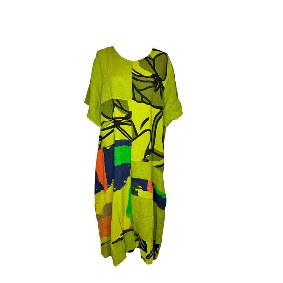 Women's Green Linen Dress Size M Midi Scoop Neck Transparent Made in Italy NWT - Picture 2 of 4